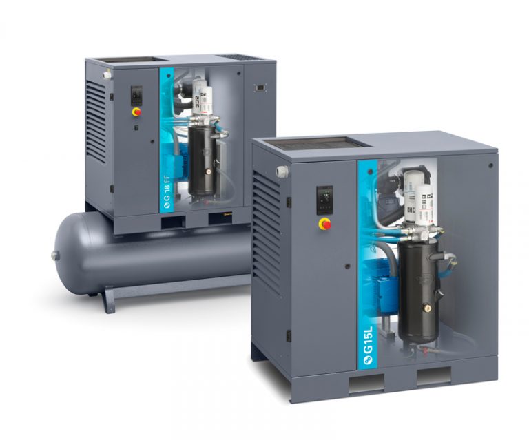 Two air compressors painted blue and white, positioned side by side, showcasing their industrial design and functionality.